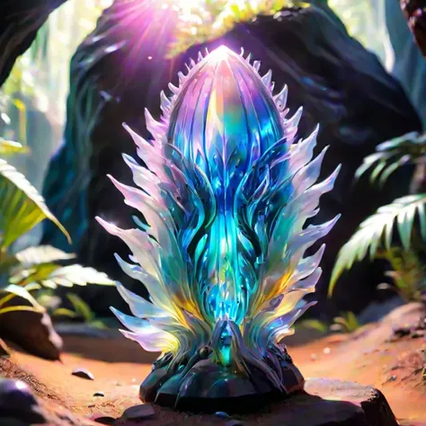 Photo of a fascinating silicon-based life form existing in an alien environment, with a translucent, crystalline body glistening under the otherworldly light, emanating a beautiful iridescent glow as it interacts with the unique ecosystem.