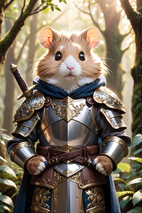 cinematic photo cinematic photo,extremely detailed fur,(holding a gleaming ornate sword:1.85),image of a wise old veteran hamster warrior wearing (shiny intricate armor:1.4) and a dark woolen cloak,haze,sparkles,glow effects,crepuscular rays,raw photo,8k,true 4k,cinematic style,rim lighting,front light,spot light,perfect lighting,chiaroscuro,professional photoshoot,intricate,ultra detailed,in an overgrown enchanted forest,moss,(beautiful flowers:1.3),ferns and vines,extremely detailed background,light shafts,bokeh,hasselblad,70mm,f/2,35mm,raw photo,schneider super cinelux,cinematic photorealistic,8k uhd natural lighting,raw,rich,intricate details,key visual,atmospheric lighting,35mm photograph,film,bokeh,professional,4k,highly detailed . 35mm photograph,film,bokeh,professional,4k,highly detailed,cinematic photorealistic,8k uhd natural lighting,raw,rich,intricate details,key visual,atmospheric lighting,35mm photograph,film,bokeh,professional,4k,highly detailed . 35mm photograph,film,bokeh,professional,4k,highly detailed
