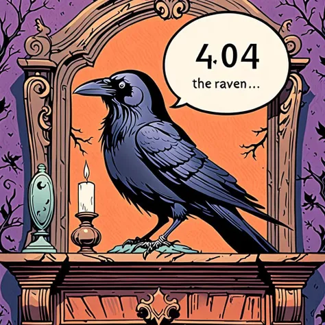 raven,bird (on mantle1.5),quote the raven 404, speech bubble says ("404":1.2), spooky detailed background
