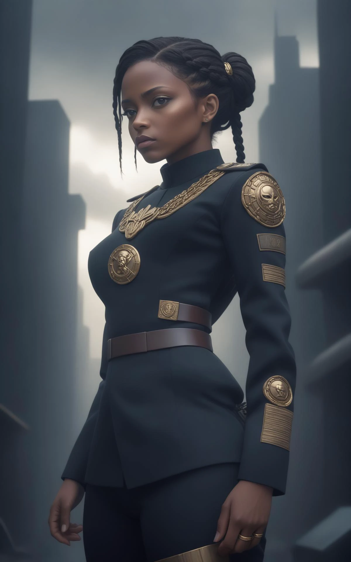 (style of Annie Leibovitz),(intense dramatic lighting),((dark-skinned woman in sci-fi military-style uniform standing in front of mechatank)),sharp angles,embellished with intricate gold braiding and medals,commanding posture,(dystopian cityscape in the background),ominous clouds,deep shadows,sense of urgency and power,