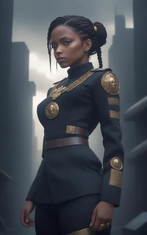 (style of Annie Leibovitz),(intense dramatic lighting),((dark-skinned woman in sci-fi military-style uniform standing in front of mechatank)),sharp angles,embellished with intricate gold braiding and medals,commanding posture,(dystopian cityscape in the background),ominous clouds,deep shadows,sense of urgency and power,