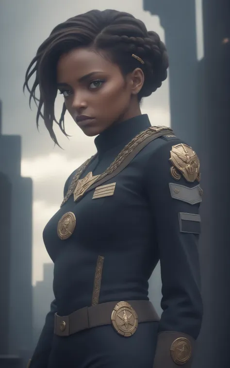 (style of Annie Leibovitz),(intense dramatic lighting),((dark-skinned woman in sci-fi military-style uniform standing in front of mechatank)),sharp angles,embellished with intricate gold braiding and medals,commanding posture,(dystopian cityscape in the background),ominous clouds,deep shadows,sense of urgency and power,