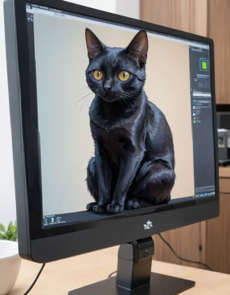 black cat sitting on the monitor