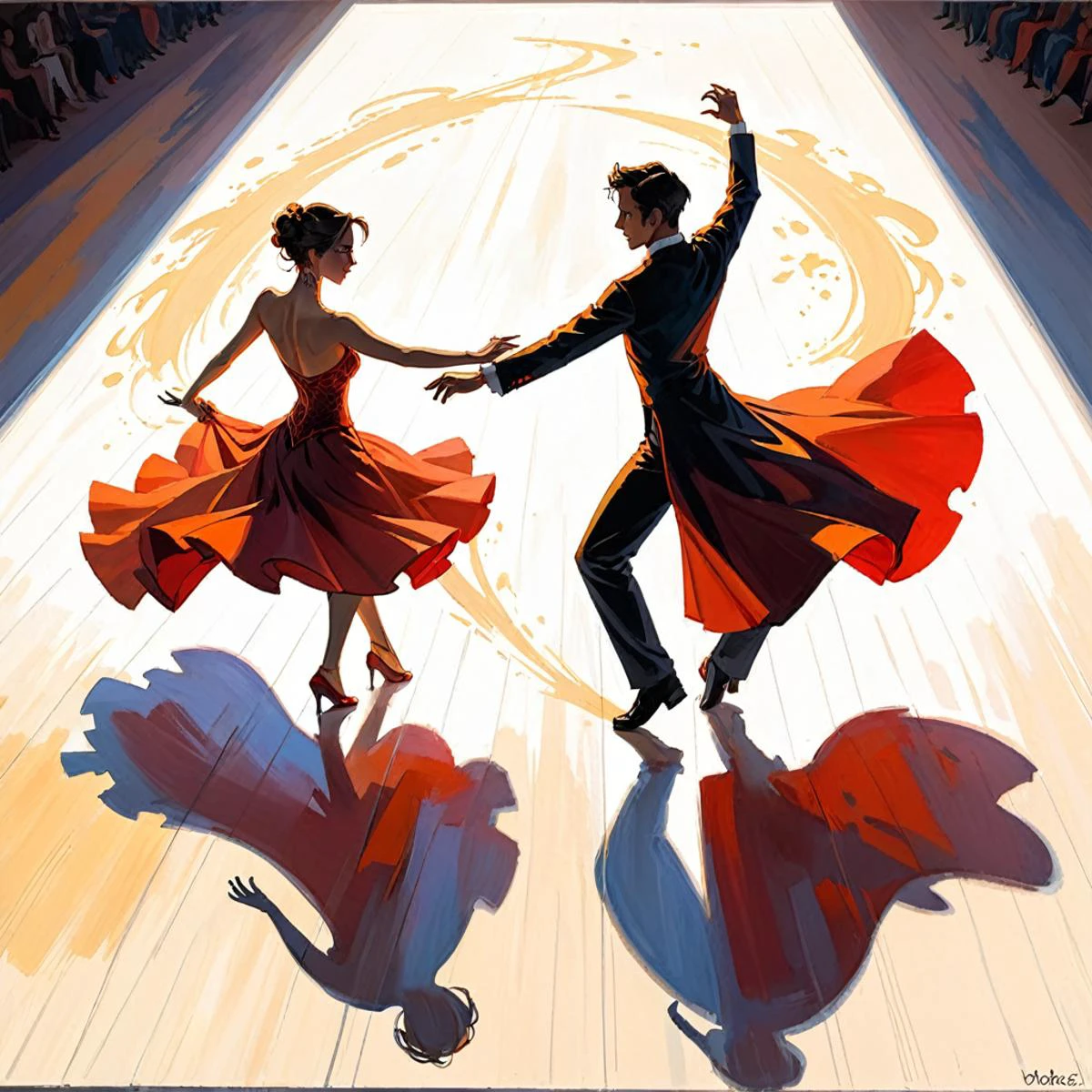 Impressionist painting from above profile angle, silhouette behind a white screen, action painting, a couple dancing the Paso doble, only 2 colors, reflective floor, . Loose brushwork, vibrant color, light and shadow play, captures feeling over form