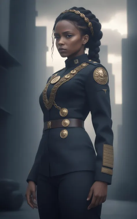 (style of Annie Leibovitz),(intense dramatic lighting),((dark-skinned woman in sci-fi military-style uniform standing in front of mechatank)),sharp angles,embellished with intricate gold braiding and medals,commanding posture,(dystopian cityscape in the background),ominous clouds,deep shadows,sense of urgency and power,