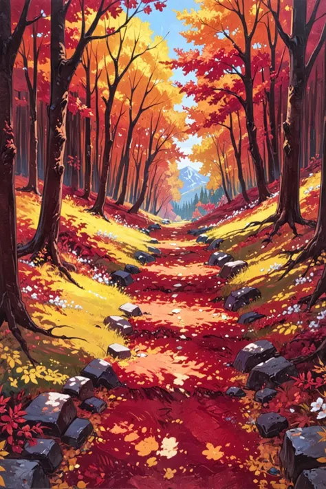 color field style a painting of a path through a forest with red leaves, autumn colors, fall foliage, flowers and foliage, cherry trees, detailed oil on canvas painting, maple trees with fall foliage, cyber gods, autumn! colors, lovely dark autumn royalty, red trees, large magical trees, mountainous area. rare flora, red forest, large painting, autumn color . large areas of solid color, abstract, highly detailed