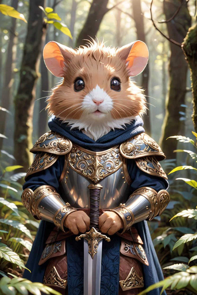 cinematic photo cinematic photo,extremely detailed fur,(holding a gleaming ornate sword:1.85),image of a wise old veteran hamster warrior wearing (shiny intricate armor:1.4) and a dark woolen cloak,haze,sparkles,glow effects,crepuscular rays,raw photo,8k,true 4k,cinematic style,rim lighting,front light,spot light,perfect lighting,chiaroscuro,professional photoshoot,intricate,ultra detailed,in an overgrown enchanted forest,moss,(beautiful flowers:1.3),ferns and vines,extremely detailed background,light shafts,bokeh,hasselblad,70mm,f/2,35mm,raw photo,schneider super cinelux,cinematic photorealistic,8k uhd natural lighting,raw,rich,intricate details,key visual,atmospheric lighting,35mm photograph,film,bokeh,professional,4k,highly detailed . 35mm photograph,film,bokeh,professional,4k,highly detailed,cinematic photorealistic,8k uhd natural lighting,raw,rich,intricate details,key visual,atmospheric lighting,35mm photograph,film,bokeh,professional,4k,highly detailed . 35mm photograph,film,bokeh,professional,4k,highly detailed