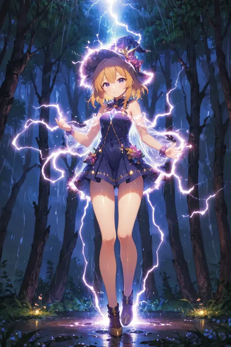 anime, girl, wizard hat, lightning robe, thighhighs, happy, magic, transparent, translucent, light particles, bloom effect, rain, forest