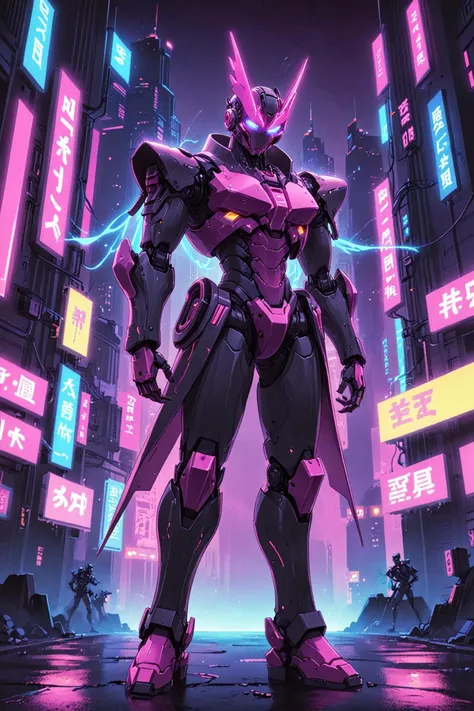 (((transavanguardia style))), a robot standing in a futuristic city with neon lights, synthwave neon retrofuturism, dreamy colorful cyberpunk colors, synthwave image, cyberpunk vaporwave, synthwave art, epic retrowave art, synthwave background, cyberpunk vibrant colors, 80 s synthwave, 80s style synthwave, masterpiece epic retrowave art, digital cyberpunk anime art