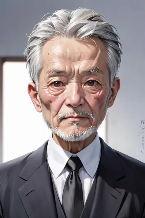 Realistic,Chinese old man portrait,upper body,short black hair,black eyes,indoors,white background,wearing a black suit,cool white lighting,looking at viewer,pale white beard,weathered facial wrinkles