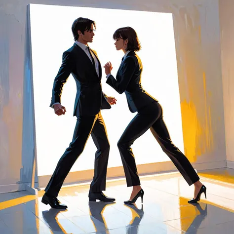 Impressionist painting profile angle, silhouette behind a white screen, action painting, a couple dancing pulp fiction, only 2 colors, reflective floor, Uma is wearing a black pantsuit, . Loose brushwork, vibrant color, light and shadow play, captures feeling over form