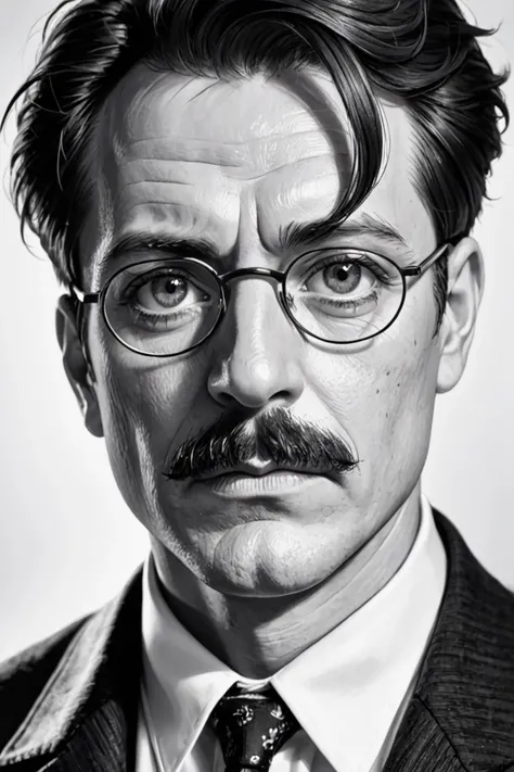 A close-up portrait of a man with moustache and glasses,looking serious into the camera. Black and white,high contrast,reminiscent of the cinematography of Freddie Young