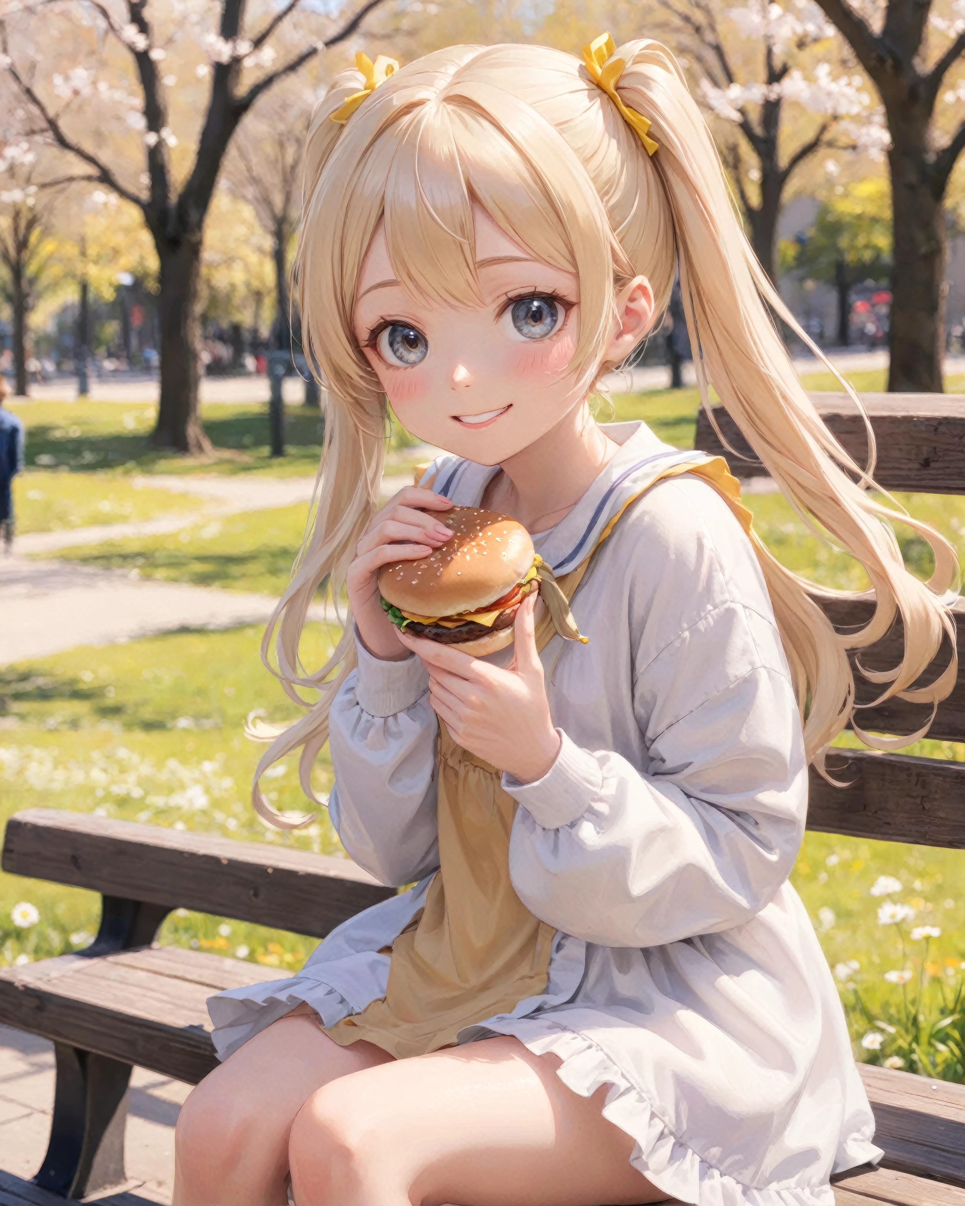 anime, cute girl eating a cheeseburger, seated at a park bench, motion blur, blonde twintail hair, big grey eyes, smiling, bloom, ambient occlusion, bokeh, transparent, translucent