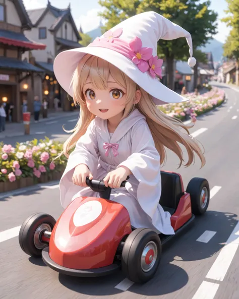 anime, cute girl driving gocart, high speed, motion blur, wizard hat, robe, happy, bloom, ambient occlusion, bokeh, transparent, translucent