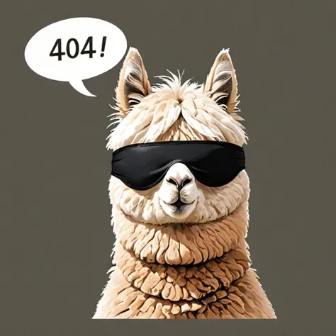 alpaca, (blindfold:1.5), speech bubble says ("404":1.2), simple background