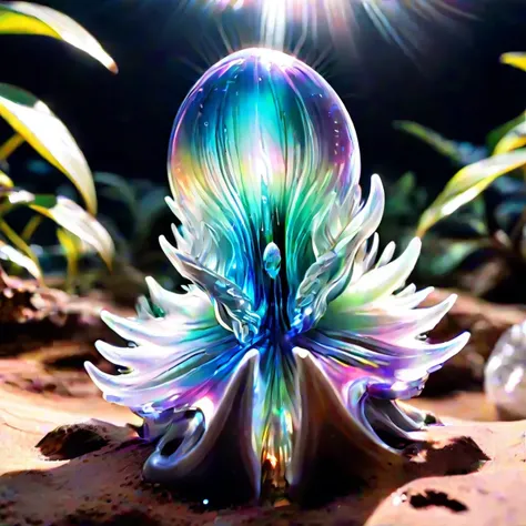 Photo of a fascinating silicon-based life form existing in an alien environment, with a translucent, crystalline body glistening under the otherworldly light, emanating a beautiful iridescent glow as it interacts with the unique ecosystem.