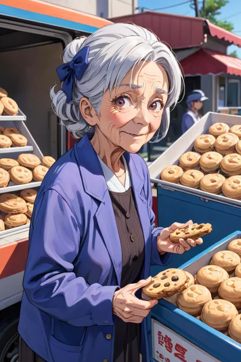 anime artwork a beautiful high definition crisp portrait of old lady selling cookies from a truck in a suburban area,taken with a professional grade camera with exquisite color grading . anime style, key visual, vibrant, studio anime, highly detailed