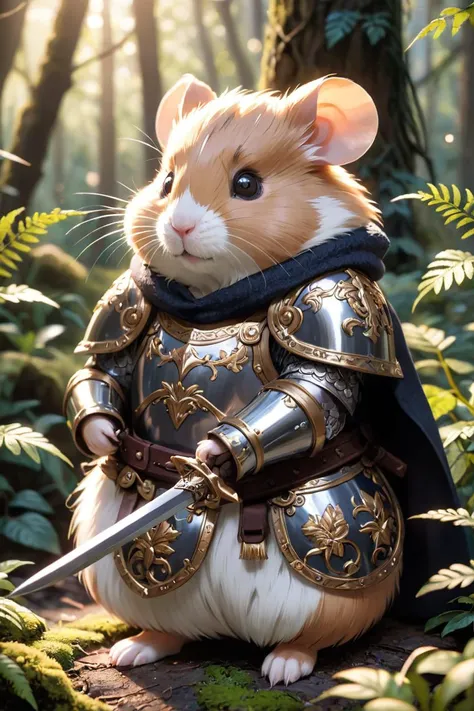 cinematic photo cinematic photo,extremely detailed fur,(holding a gleaming ornate sword:1.85),image of a wise old veteran hamster warrior wearing (shiny intricate armor:1.4) and a dark woolen cloak,haze,sparkles,glow effects,crepuscular rays,raw photo,8k,true 4k,cinematic style,rim lighting,front light,spot light,perfect lighting,chiaroscuro,professional photoshoot,intricate,ultra detailed,in an overgrown enchanted forest,moss,(beautiful flowers:1.3),ferns and vines,extremely detailed background,light shafts,bokeh,hasselblad,70mm,f/2,35mm,raw photo,schneider super cinelux,cinematic photorealistic,8k uhd natural lighting,raw,rich,intricate details,key visual,atmospheric lighting,35mm photograph,film,bokeh,professional,4k,highly detailed . 35mm photograph,film,bokeh,professional,4k,highly detailed,cinematic photorealistic,8k uhd natural lighting,raw,rich,intricate details,key visual,atmospheric lighting,35mm photograph,film,bokeh,professional,4k,highly detailed . 35mm photograph,film,bokeh,professional,4k,highly detailed
