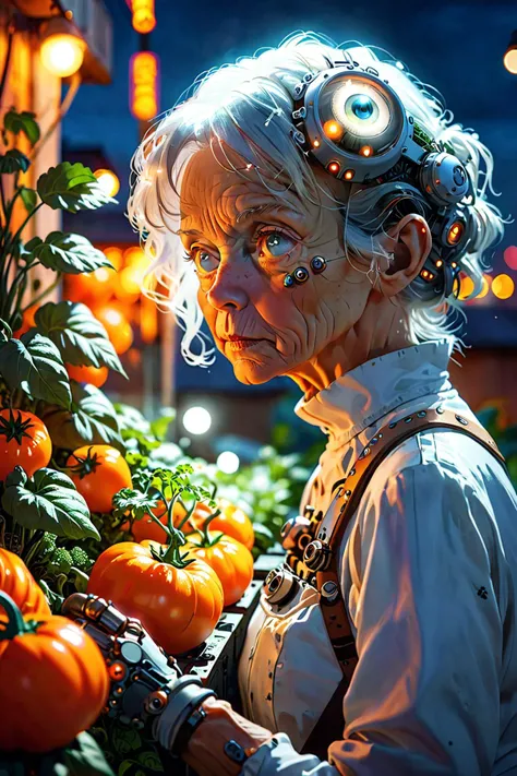 Portrait of an elderly cyborg woman, her face a beautiful blend of human and machine, her metal eyeballs glow softly in the night, she is gardening in a rooftop oasis amidst a dystopian cityscape, towering vegetables growing efficiently, with a (soft focus:1.2), (f_stop 4.0), (focal_length 50mm), showcasing a serene moment of nature and technology coexisting, captured with a (Canon EOS R5), highlighting hope and continuity <lora:more_details:1.0>, <lora:MidjournyMimic-J52:0.8>,