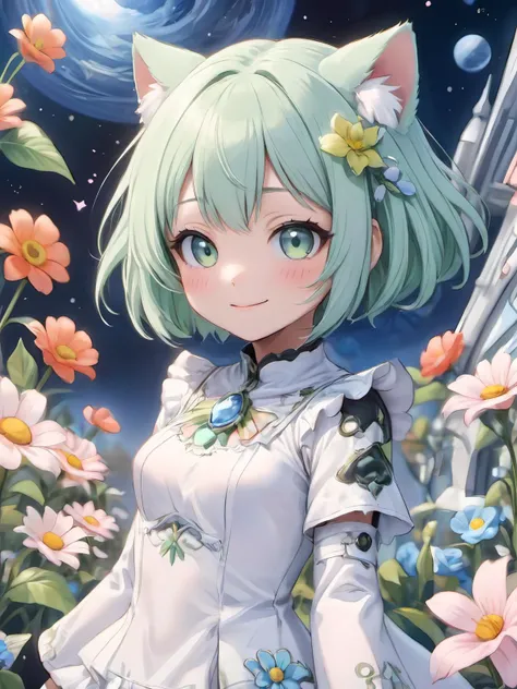 1 KAWAII cat girl. space port, flower garden, Bluesky, smile. gothic style white costume.
light green hair,
Short hair,
blues eyes,
best quality. ultra detailed. <lora:XDetail_heavy:1>