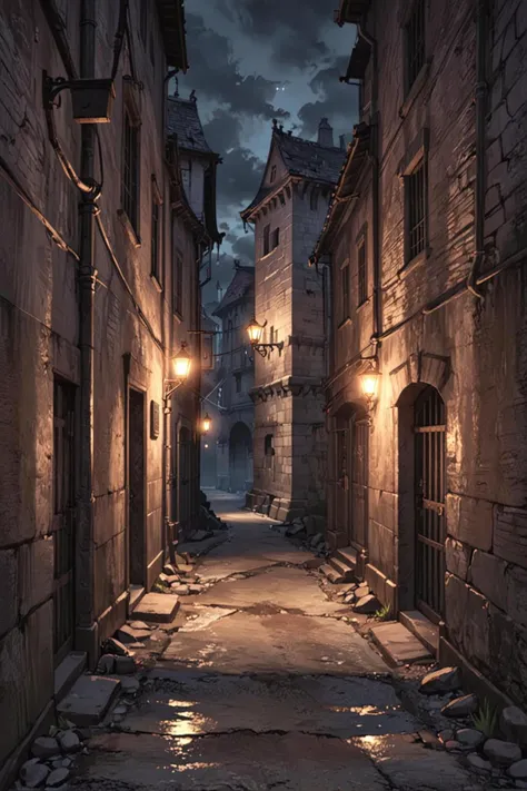 stealth game style (ultra realistic,masterpiece), (high quality:1.1), arafed alleyway with a light at the end of it, old city, sinister atmosphere, paths, prison scene, castle town, melancholy atmosphere, spooky, spooky and scary atmosphere, prison city, realistic style, eternal darkness, headlights, stone roads, alleys, narrow passage, ambients, realistic gold, transylvanian castle, dense atmosphere . sneaky gameplay, avoiding detection, tactical movement