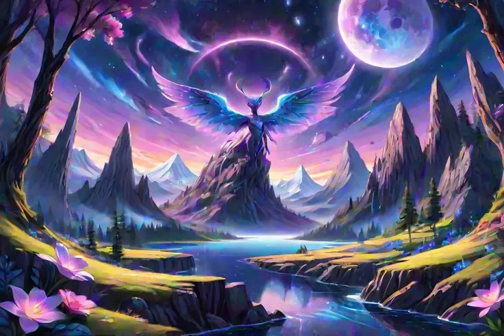 Illustration of a mesmerizing landscape on the planet Astromoai, with towering mountains covered in glittering purple crystals reflecting the bright blue light of the twin moons, while bioluminescent flora illuminates the dark, mysterious forests below, and in the distance, a majestic alien creature with iridescent wings soars through the colorful sky