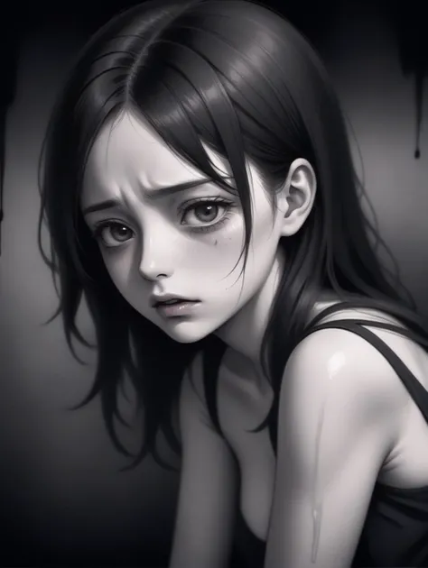 Hyperrealistic art deeply depressive scene of a young woman, in despair, dark and gloomy, ink painting, . Extremely high-resolution details, photographic, realism pushed to extreme, fine texture, incredibly lifelike