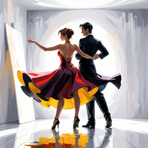 Impressionist painting from behind and low angle, silhouette behind a white screen, action painting, a couple dancing the Paso doble, only 2 colors, reflective floor, . Loose brushwork, vibrant color, light and shadow play, captures feeling over form