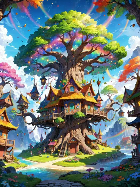 1 a big tree of heaven,(some magical wooden houses are built on the branches:0.8),(elves fly through them:1.2),particle effects,bright colors,ultimate detail,landscape,absurdres,colorful,