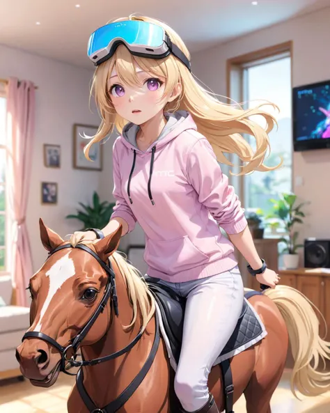 anime,pastel colors,girl riding horse,wearing vr goggle,HTC Vive,blonde hair,casual clothes,sweat,living room,Bokeh,motion line,motion blur,high speed