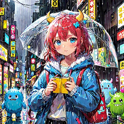 part-time 1girl geek, light rain, fluffy monsters around. <lora:LCM_lora_weightsXL:.60><lora:LCM_LoRA_Weights_SD15:.50>