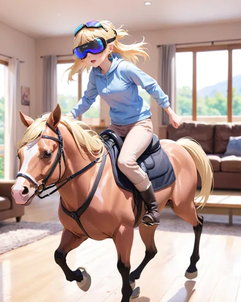 anime,pastel colors,girl riding horse,wearing vr goggle,HTC Vive,blonde hair,casual clothes,sweat,living room,Bokeh,motion line,motion blur,high speed