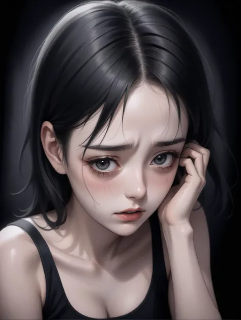 Hyperrealistic art deeply depressive scene of a young woman, in despair, dark and gloomy, ink painting, mascara, . Extremely high-resolution details, photographic, realism pushed to extreme, fine texture, incredibly lifelike