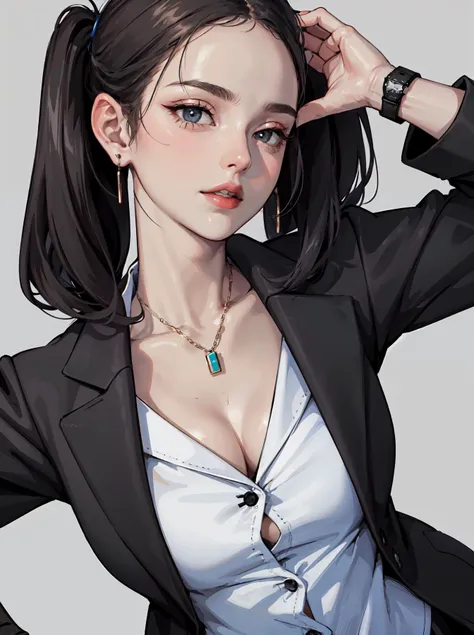 (masterpiece:1.2, best quality), 1milf, solo, (upper body), latexskin, close-up, open chested, curvy
bobbed hair,
black blazer with white shirt,
Sleek and polished with a bold lip color
Timeless watch and minimalistic jewelry
Sleek, straight hair
in office