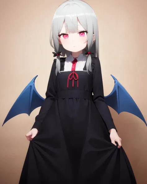 <lyco:Tonari-NAI-LyCORIS-v1.1:0.9>
1girl, solo, standing, black dress, hair ornament, red bolo_tie, long grey hair, sidelocks, pink eyes, bat wings, wings