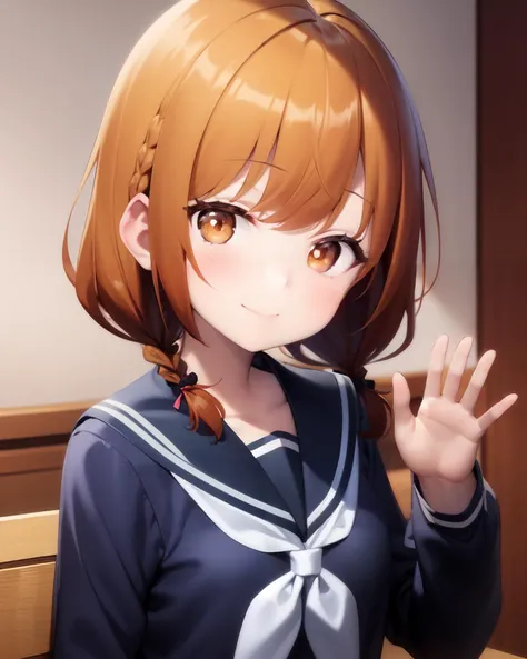 <lyco:Tonari-NAI-LyCORIS-v1.1:0.8>
1girl, solo, smile, twin braids, school uniform, looking at viewer, hand up, closed mouth, braid, bangs, long sleeves, brown eyes, waving, serafuku, collarbone, sailor collar, blush, portrait, shirt, brown hair, blue sailor collar