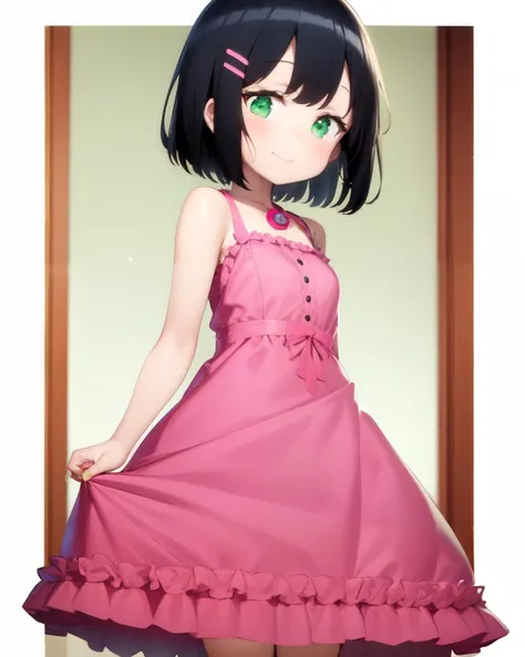 <lyco:Tonari-NAI-LyCORIS-v1.1:0.9>
1girl, solo, standing, short black hair, hair betwen eyes, pink frilly dress, smile, green eyes, hair_clip