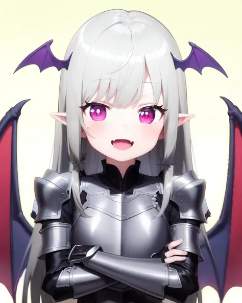 <lyco:Tonari-NAI-LyCORIS-v1.1:0.9>
1girl, solo, upper body, crossed_arms, wearing full armor, long grey hair, sidelocks, hair ornament, purple eyes, head_wings, bat_wings, smile, open mouth, fangs, pointy ears