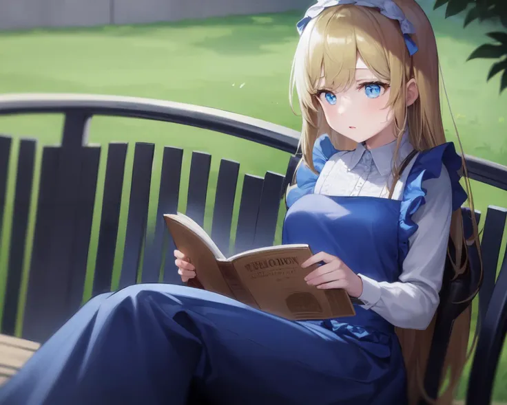 <lyco:Tonari-NAI-LyCORIS-v1.1:0.8>
1girl, solo, sitting outdoors reading a book, very long blonde hair, blue eyes, red hairband, blue dress, white frilly apron