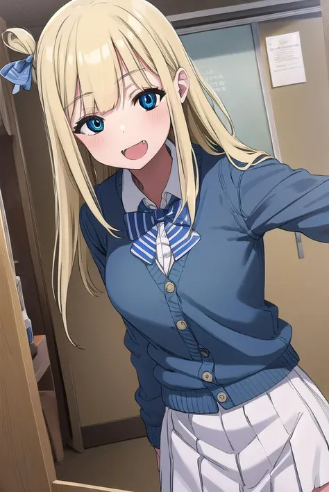 marinichinose, <lora:marin ichinose manga-lora-nochekaiser:1>,
marin ichinose, long hair, bangs, blue eyes, blonde hair, fang, open mouth, smile,
BREAK skirt, shirt, long sleeves, school uniform, white shirt, pleated skirt, bowtie, blue bow, cardigan, blue bowtie,
BREAK indoors, classroom,
BREAK looking at viewer, (cowboy shot:1.5),
BREAK <lyco:GoodHands-beta2:1>, (masterpiece:1.2), best quality, high resolution, unity 8k wallpaper, (illustration:0.8), (beautiful detailed eyes:1.6), extremely detailed face, perfect lighting, extremely detailed CG, (perfect hands, perfect anatomy),