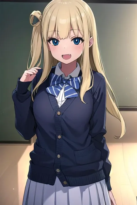 marinichinose, <lora:marin ichinose manga-lora-nochekaiser:1>,
marin ichinose, long hair, bangs, blue eyes, blonde hair, fang, open mouth, smile,
BREAK skirt, shirt, long sleeves, school uniform, white shirt, pleated skirt, bowtie, blue bow, cardigan, blue bowtie,
BREAK indoors, classroom,
BREAK looking at viewer, (cowboy shot:1.5),
BREAK <lyco:GoodHands-beta2:1>, (masterpiece:1.2), best quality, high resolution, unity 8k wallpaper, (illustration:0.8), (beautiful detailed eyes:1.6), extremely detailed face, perfect lighting, extremely detailed CG, (perfect hands, perfect anatomy),
