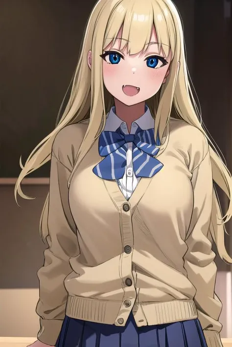 marinichinose, <lora:marin ichinose manga-lora-nochekaiser:1>,
marin ichinose, long hair, bangs, blue eyes, blonde hair, fang, open mouth, smile,
BREAK skirt, shirt, long sleeves, school uniform, white shirt, pleated skirt, bowtie, blue bow, cardigan, blue bowtie,
BREAK indoors, classroom,
BREAK looking at viewer, (cowboy shot:1.5),
BREAK <lyco:GoodHands-beta2:1>, (masterpiece:1.2), best quality, high resolution, unity 8k wallpaper, (illustration:0.8), (beautiful detailed eyes:1.6), extremely detailed face, perfect lighting, extremely detailed CG, (perfect hands, perfect anatomy),