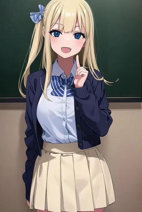 marinichinose, <lora:marin ichinose manga-lora-nochekaiser:1>,
marin ichinose, long hair, bangs, blue eyes, blonde hair, fang, open mouth, smile,
BREAK skirt, shirt, long sleeves, school uniform, white shirt, pleated skirt, bowtie, blue bow, cardigan, blue bowtie,
BREAK indoors, classroom,
BREAK looking at viewer, (cowboy shot:1.5),
BREAK <lyco:GoodHands-beta2:1>, (masterpiece:1.2), best quality, high resolution, unity 8k wallpaper, (illustration:0.8), (beautiful detailed eyes:1.6), extremely detailed face, perfect lighting, extremely detailed CG, (perfect hands, perfect anatomy),