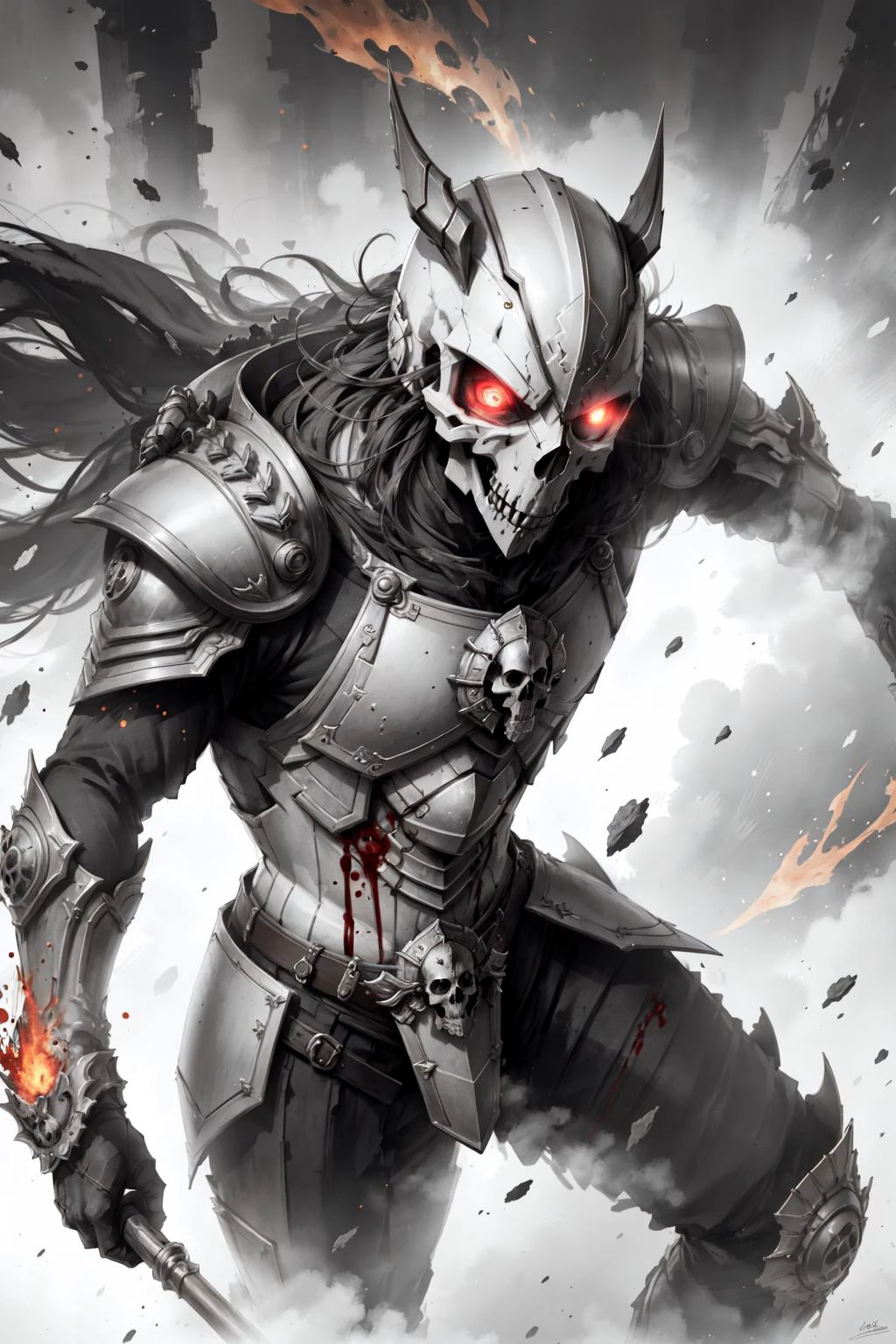 The armor, the skull, blood fog,dynamic angle,close up,Red flash eyes