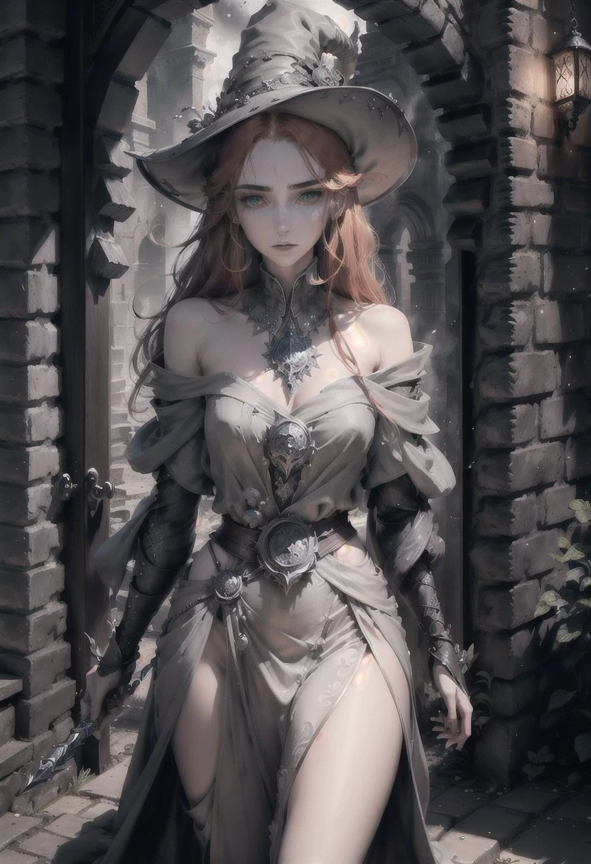 (best quality, masterpiece:1.2), photorealistic, ultra high res, front lighting, intricate detail, Exquisite details and textures, abstract, fantasy setting, low camera angle, ruins, (detailed eyes:1.3), (detailed body:1.3), (detailed face:1.3), (1girl, wizard), face highlight, sexy, seductive, smooth thigh, pale skin, beautiful detailed eyes, beautifully detailed face, bare leg, exposed shoulder angry expression, dark, moonlight, shadows, flowing ginger hair, wizard hat