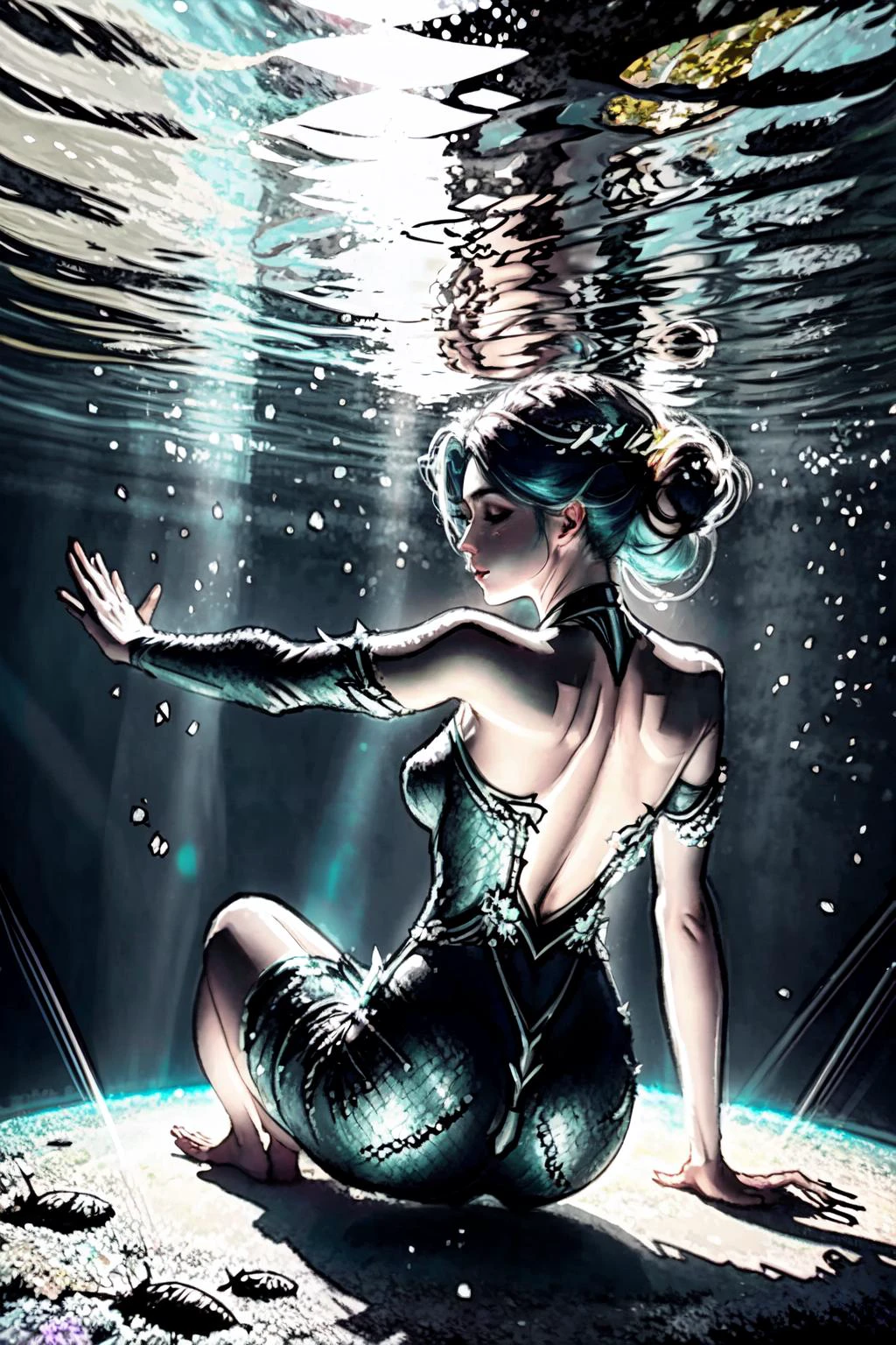 a naiad underwater, wearing a dress made of seaweed. feet in the sandy lake floor. water distorting light, refracting underwater sunbeams, volumetric light. from behind
