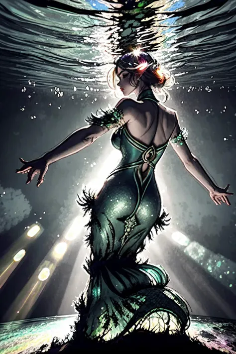 a naiad underwater, wearing a dress made of seaweed. feet in the sandy lake floor. water distorting light, refracting underwater sunbeams, volumetric light. from behind