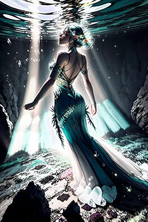 a naiad underwater, wearing a dress made of seaweed. feet in the sandy lake floor. water distorting light, refracting underwater sunbeams, volumetric light. from behind