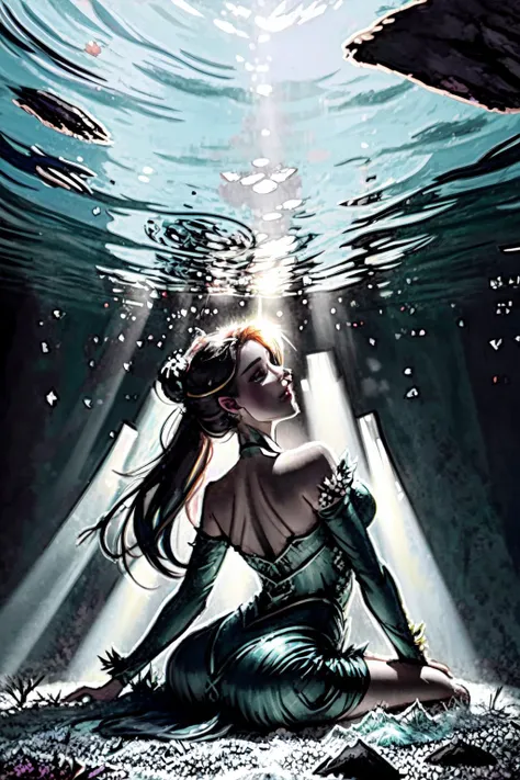 a naiad underwater, wearing a dress made of seaweed. feet in the sandy lake floor. water distorting light, refracting underwater sunbeams, volumetric light. from behind