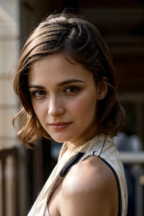 a close up of a woman with a white shirt and a black purse